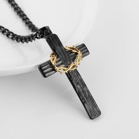 Men's Black Stainless Steel Cross Necklace with Crown of Thorns - Picture 2 of 5